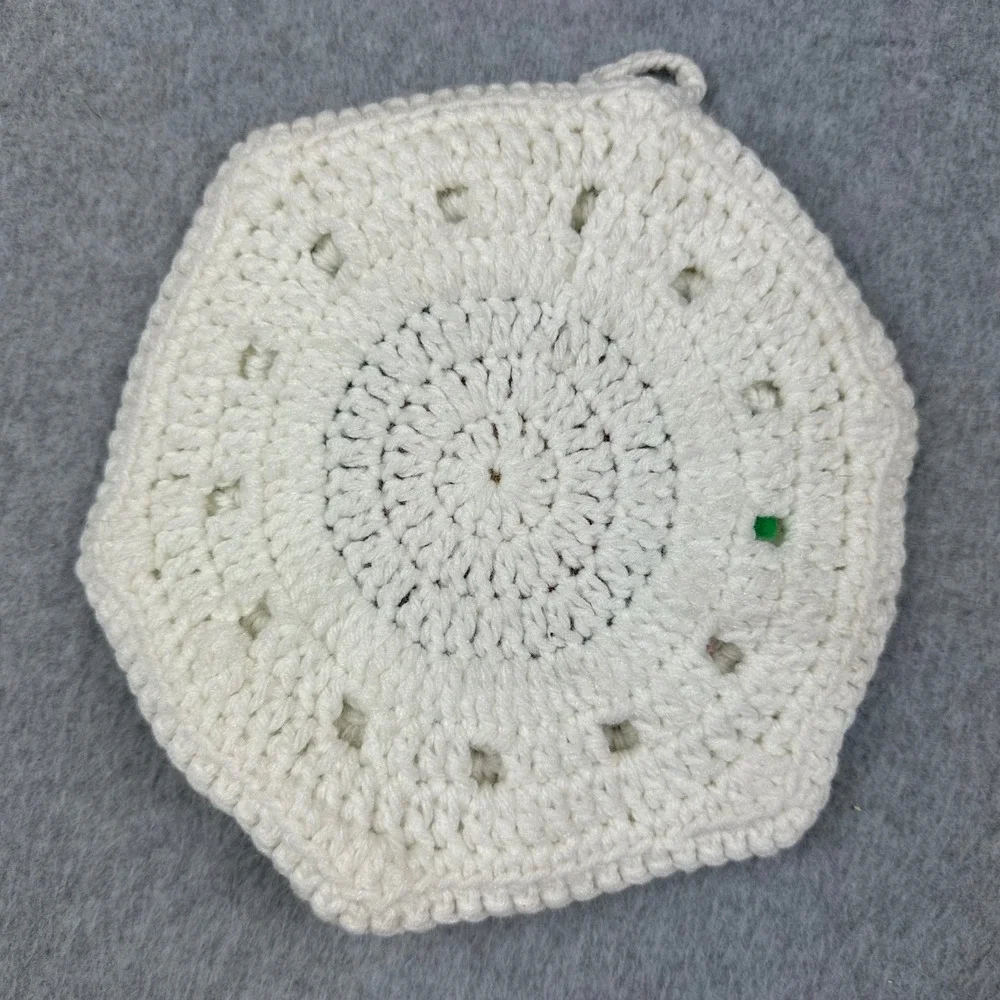 Vintage Handmade Crochet Poinsettia Potholder Hexagon Christmas Floral Cream Red